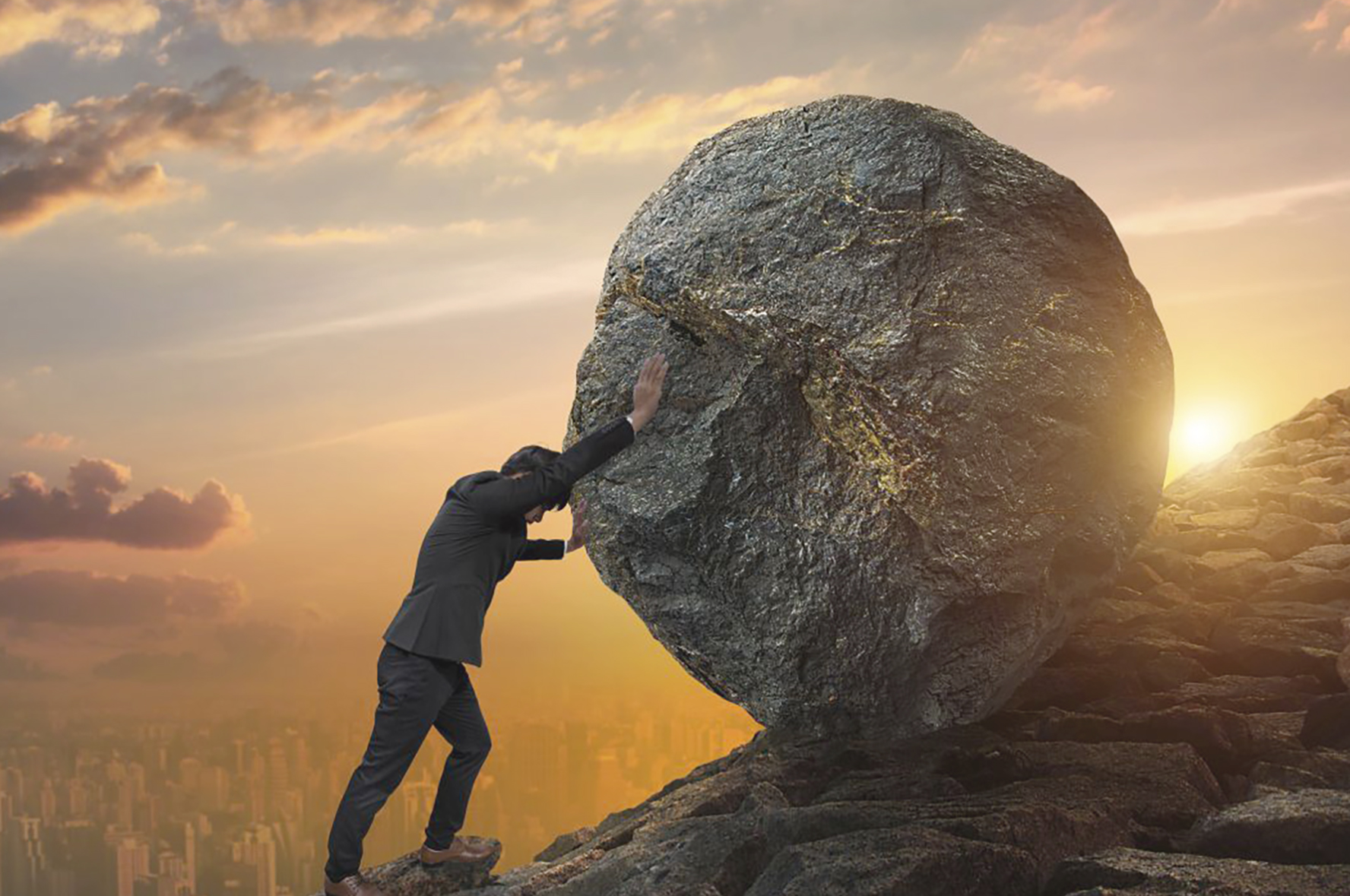 Business man pushing large stone up to hill , Business heavy tasks and problems concept.